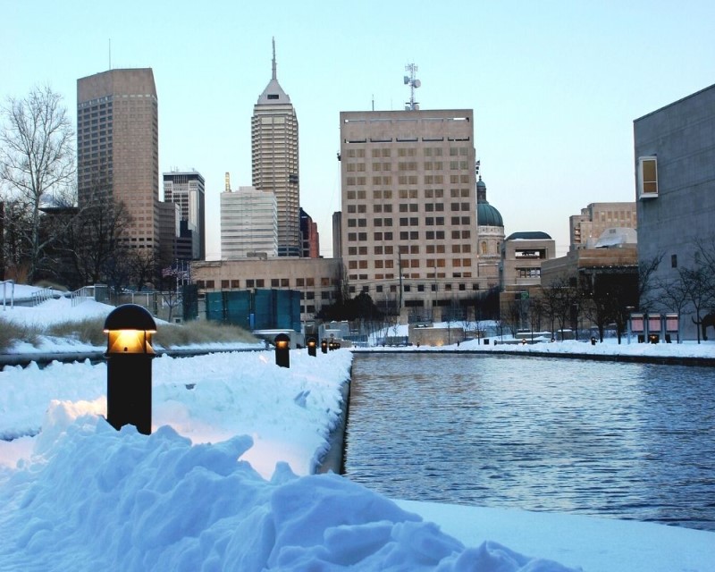 Downtown Indy canal with snow, pros and cons of living in Indianapolis