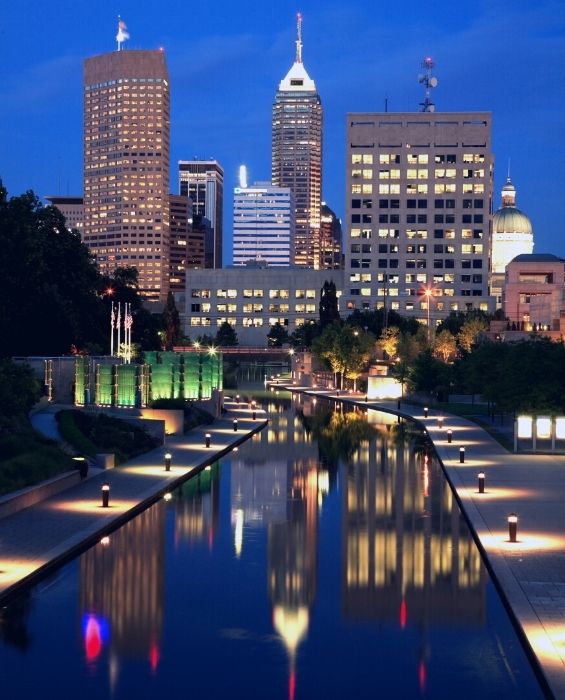 downtown Indianapolis at night from the canal