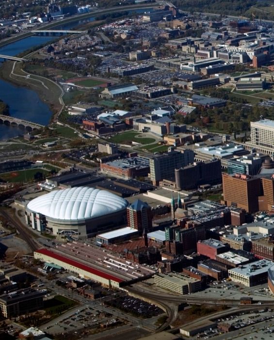 aerial view of downtown Indy stadiums, Wholesale District neighborhood of Indianapolis
