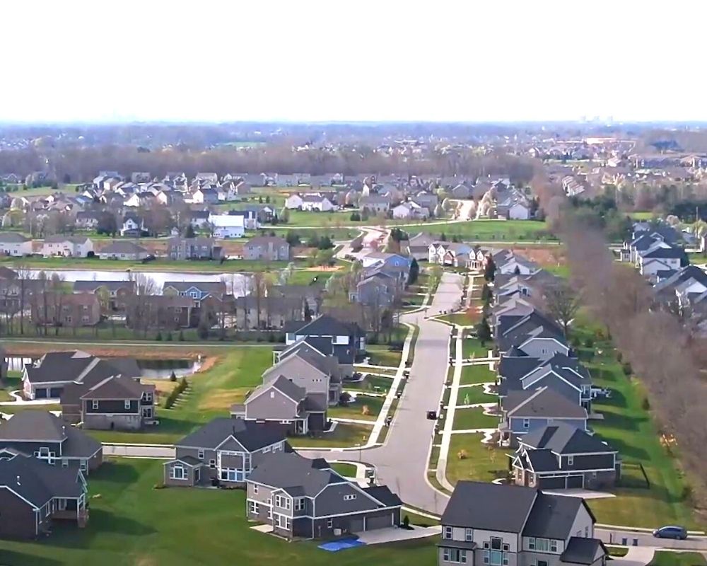 aerial view of a Carmel IN neighborhood, East vs West Carmel Indiana