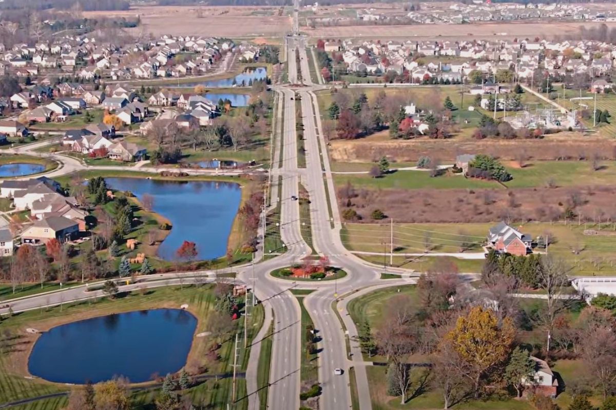 aerial view of a Carmel Indiana roundabout, Carmel and Zionsville Border