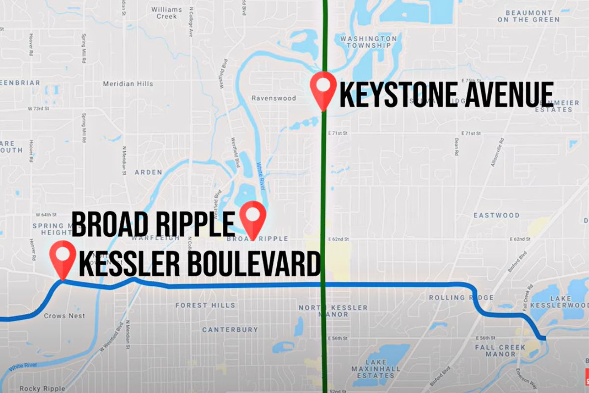 map of South Broad River in relation to Kessler Blvd, South Broad Ripple Indiana (2)