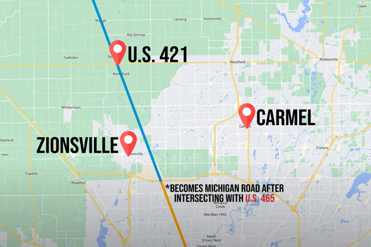 map of US 421 border demarcation for Carmel and Zionsville, Carmel and Zionsville Border