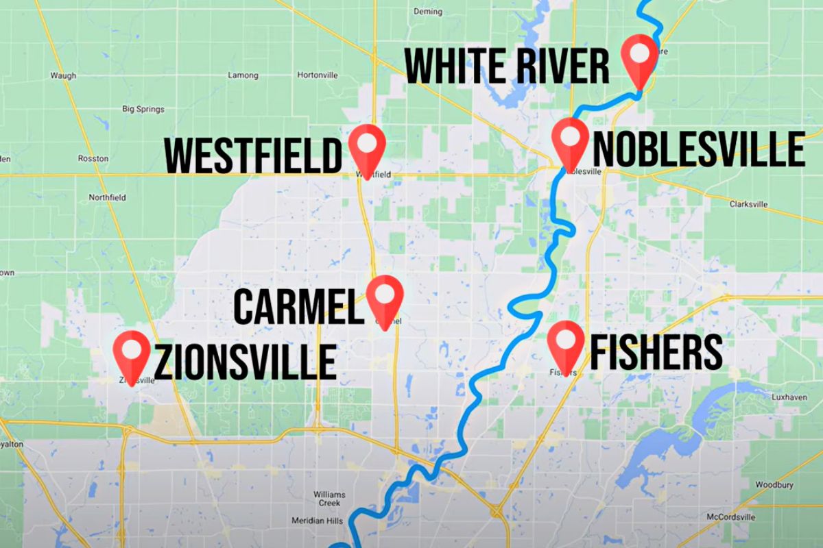 map showing White RIver in Indiana, Carmel and Zionsville Border